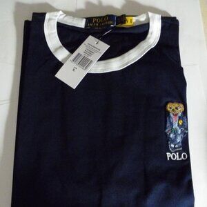 NWT POLO RALPH LAUREN CUSTOM FIT TEDDY BEAR JERSEY RINGER TEE - NAVY - SMALL
